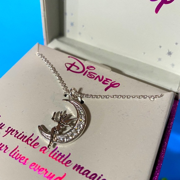 DISNEY NWT 2017 TINKER BELL FAIRY ON MOON SILVER PLATED NECKLACE ORIGINAL BOX - Picture 8 of 10